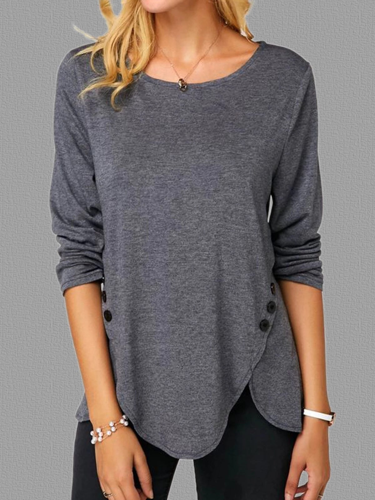 Round Neck Irregular Button T-shirt