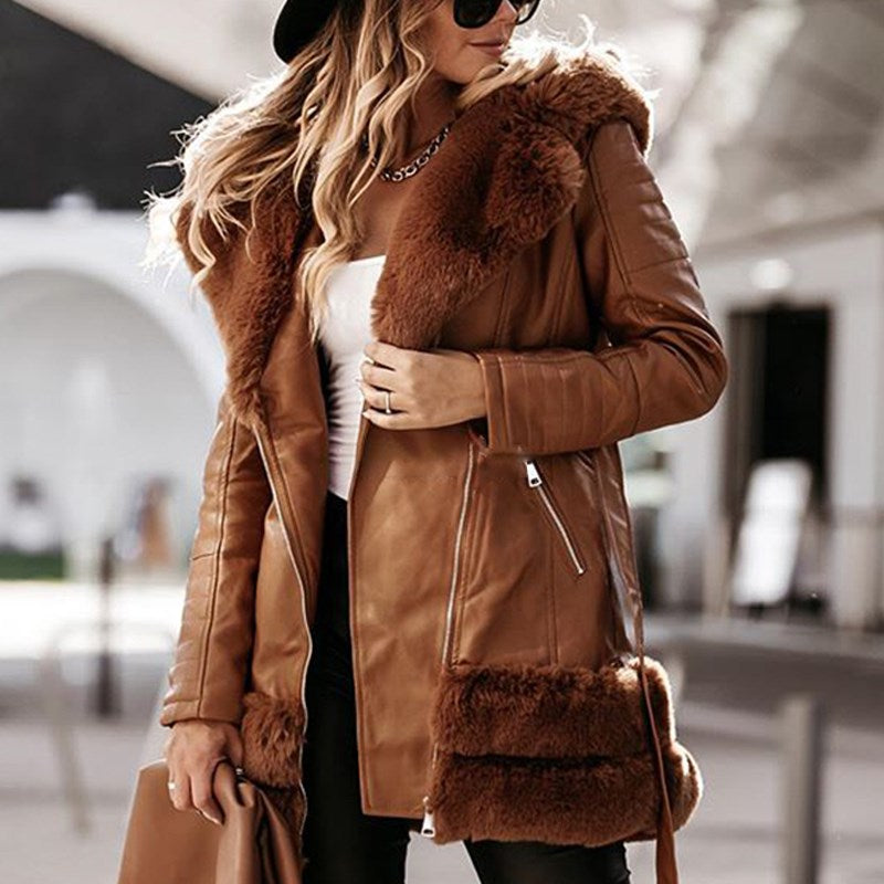 Leather Coat with Faux Fur Collar