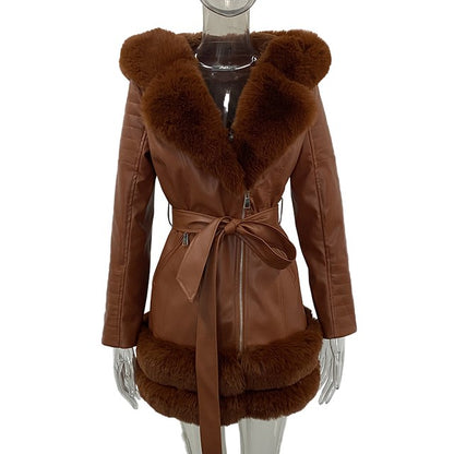 Leather Coat with Faux Fur Collar