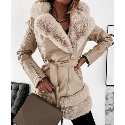 Leather Coat with Faux Fur Collar