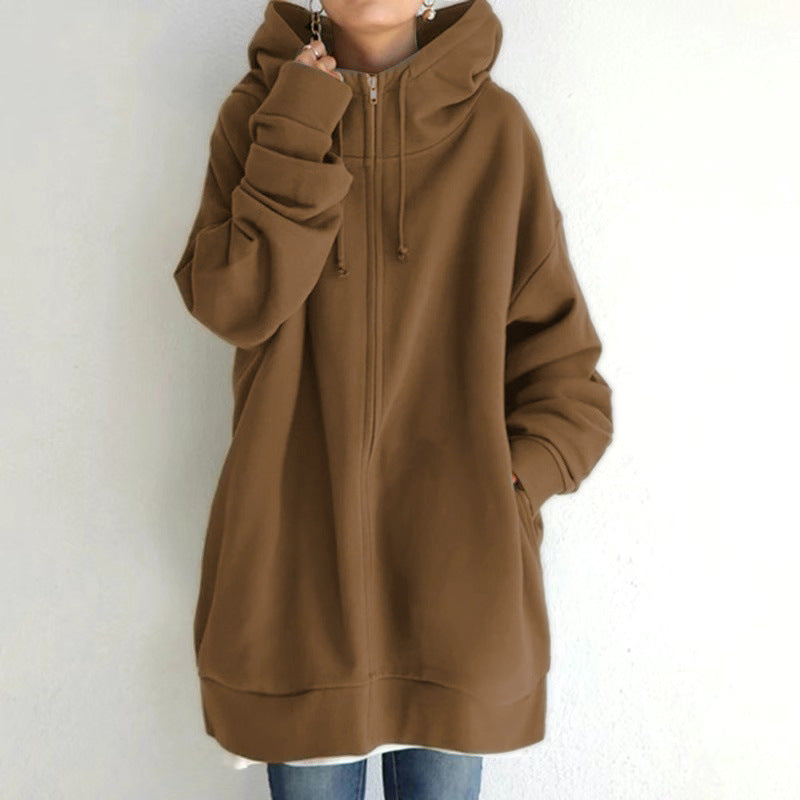 Fuzzy Long Hoodie with Full Length Zipper