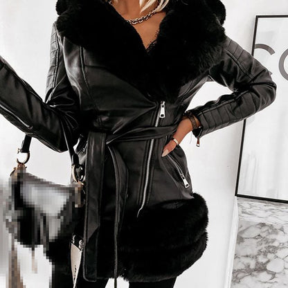 Leather Coat with Faux Fur Collar