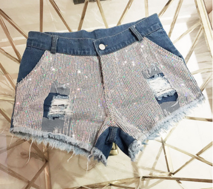 Sequined Fringed Denim Shorts