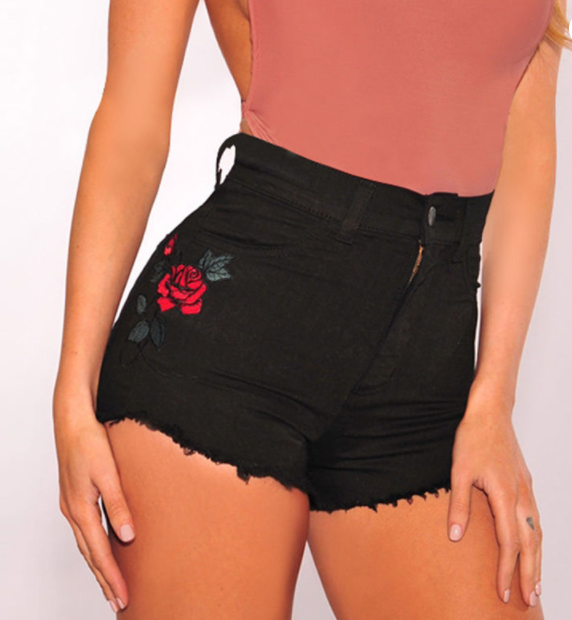 Rose Flower Embroidery Denim Shorts