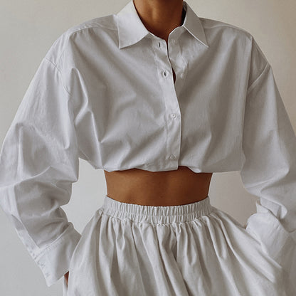 White Lapel Long-Sleeved Blouse