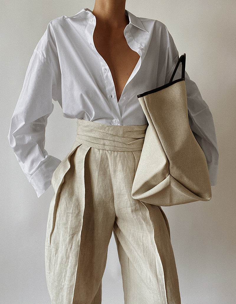 White Lapel Long-Sleeved Blouse