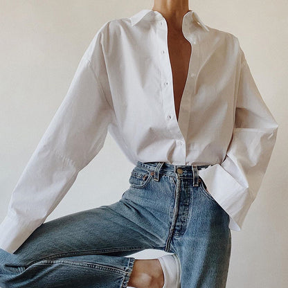 White Lapel Long-Sleeved Blouse