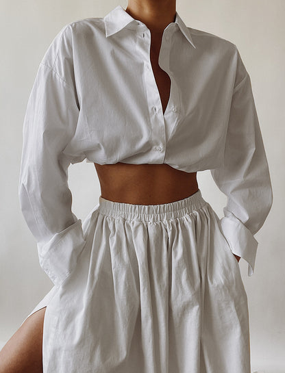 White Lapel Long-Sleeved Blouse