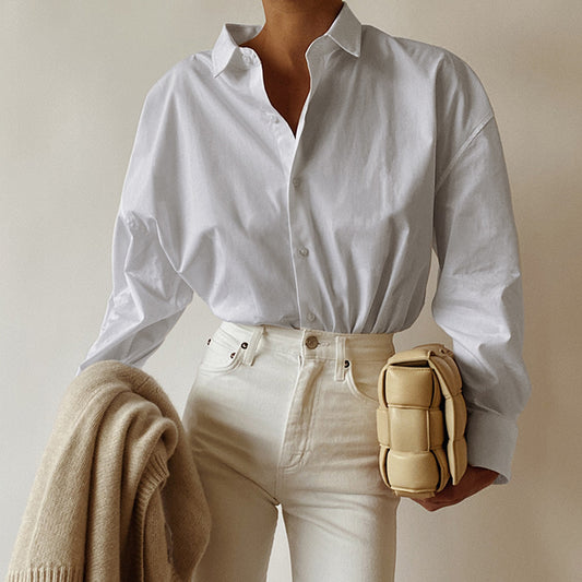 White Lapel Long-Sleeved Blouse