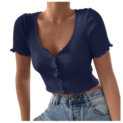 V Neck Ruffles Short Sleeve Casual Button Crop Top