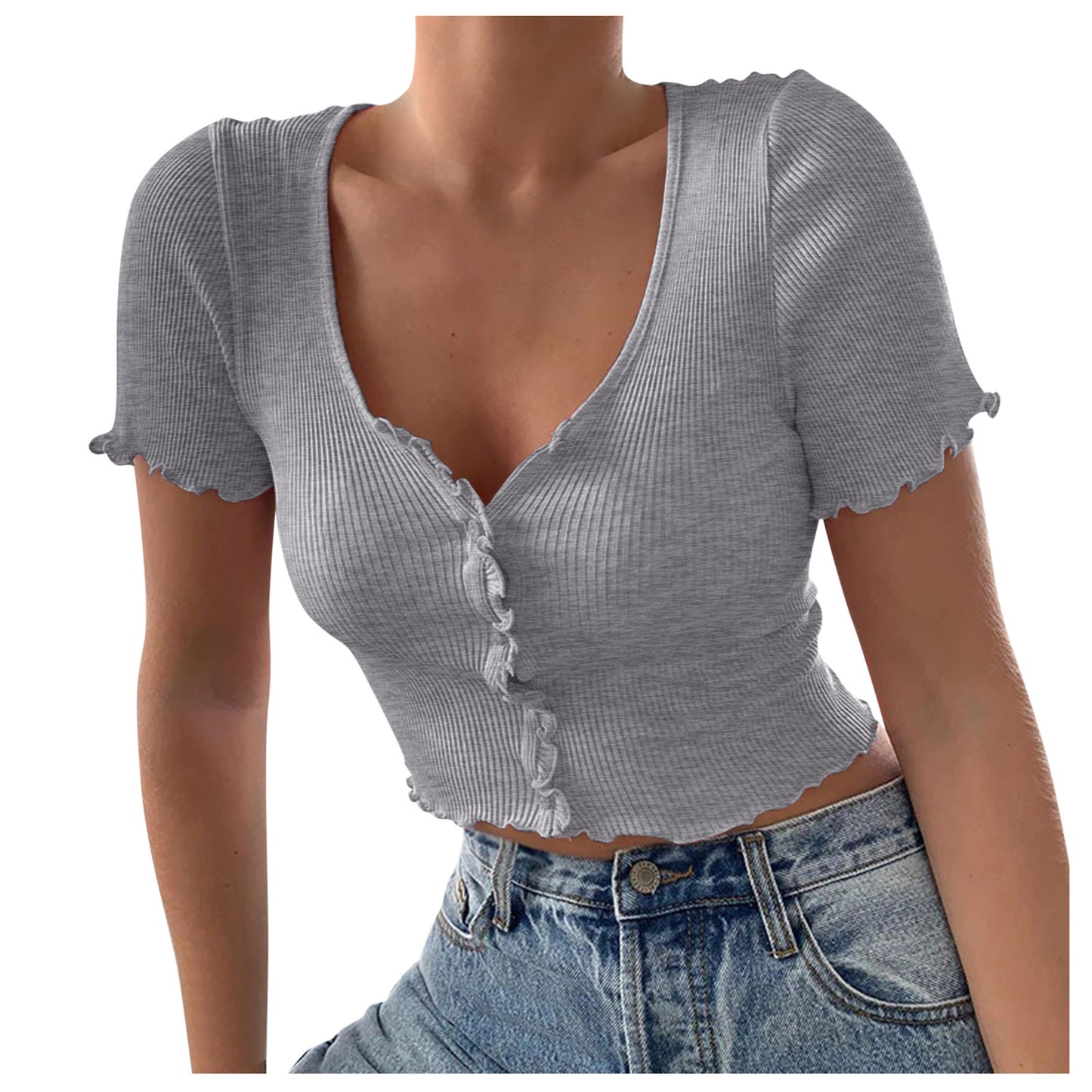 V Neck Ruffles Short Sleeve Casual Button Crop Top