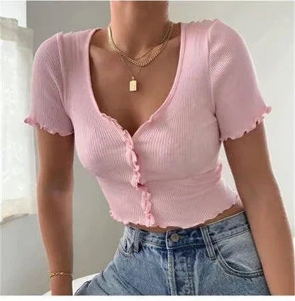 V Neck Ruffles Short Sleeve Casual Button Crop Top