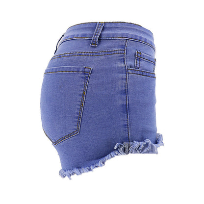 Blue High-waisted Fringed Denim Shorts