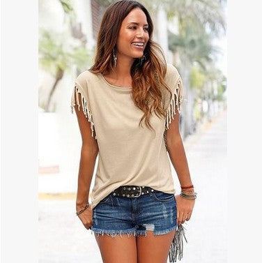 Round Neck Tassel Sleeve T-shirt