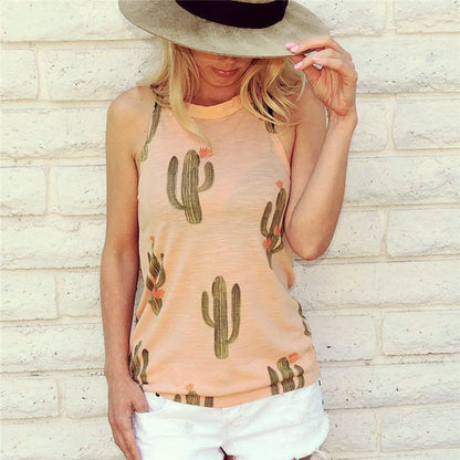 Cactus Print Sleeveless T-shirt