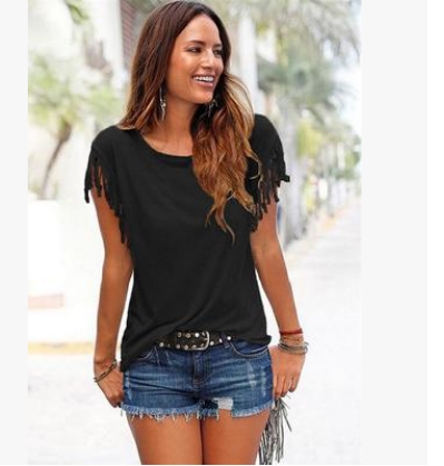 Round Neck Tassel Sleeve T-shirt