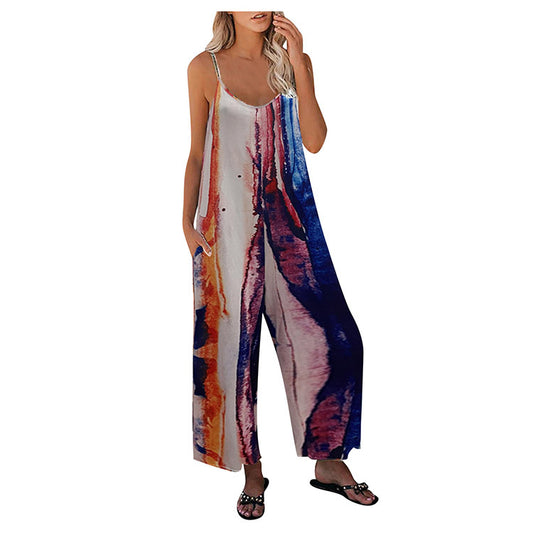 Tie Dye Suspender Pocket Wide Leg Jumpsuit