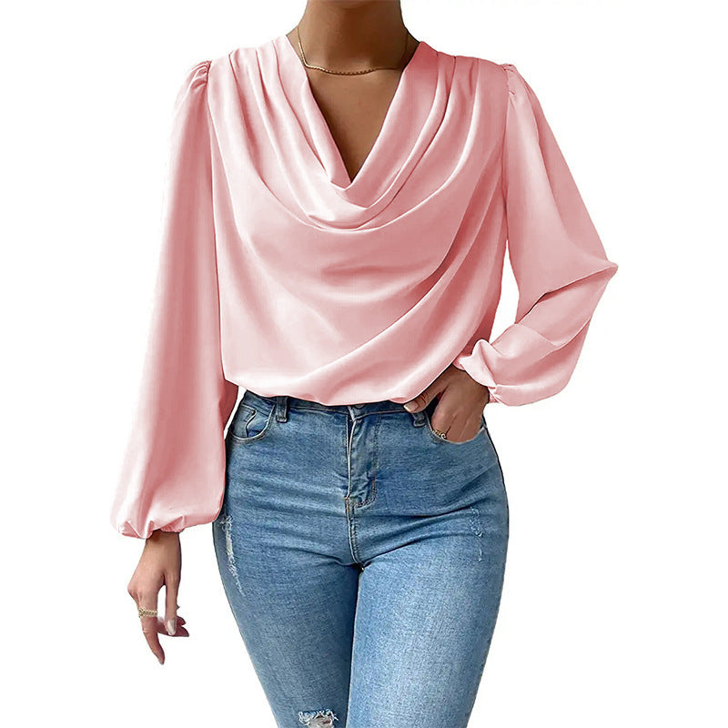 Draped Collar Long Sleeve Blouse