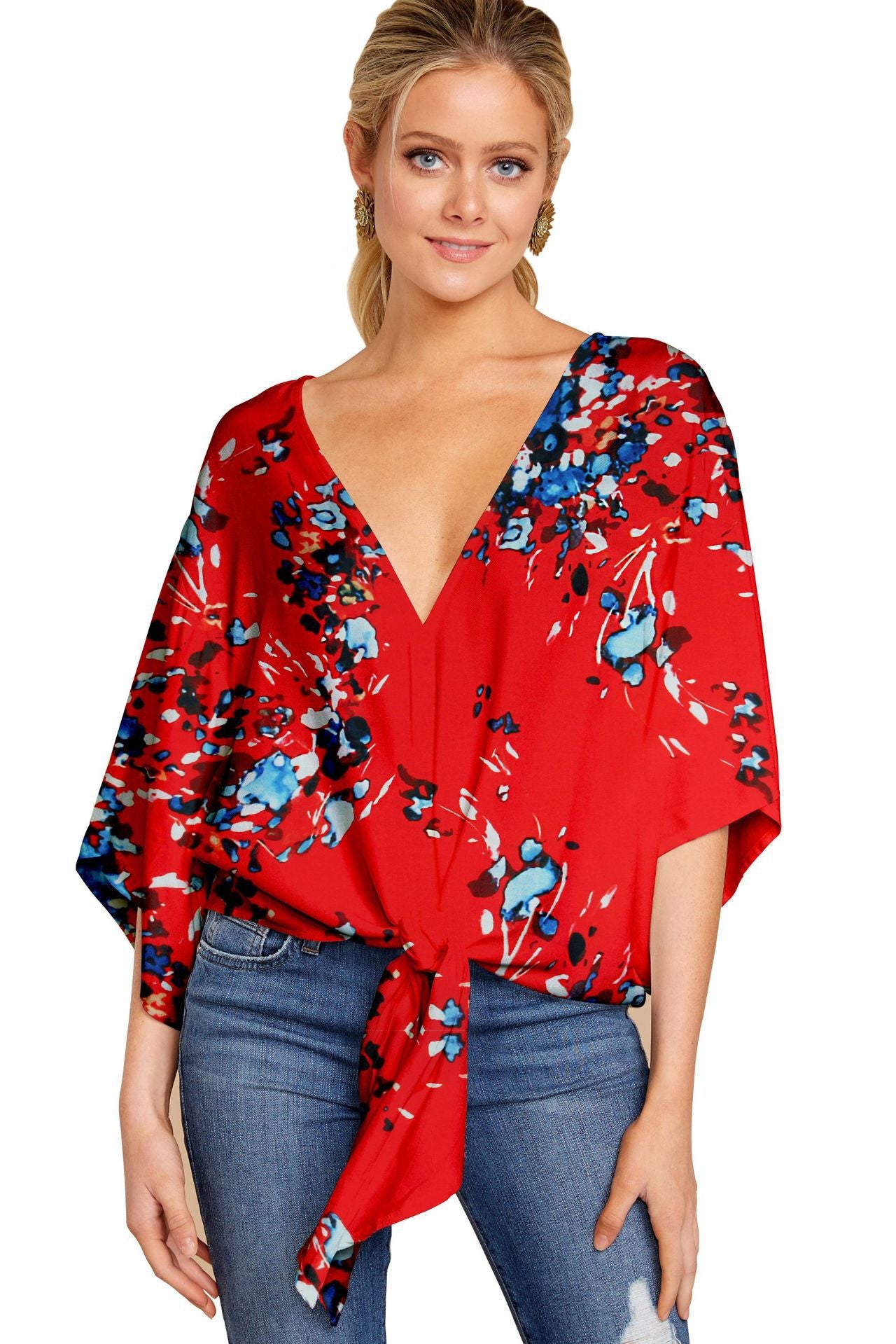 V-neck Short-sleeve Printed Loose Blouse