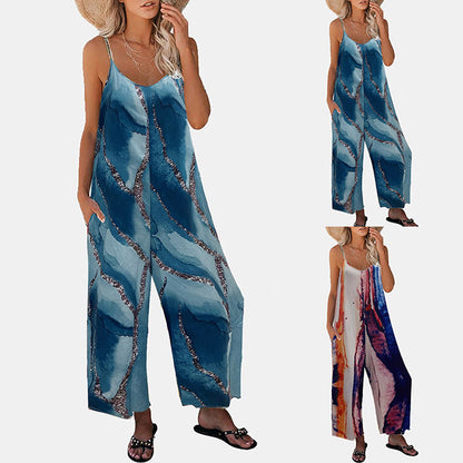 Tie Dye Suspender Pocket Wide Leg Jumpsuit