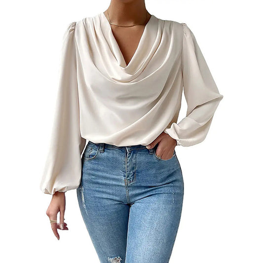 Draped Collar Long Sleeve Blouse