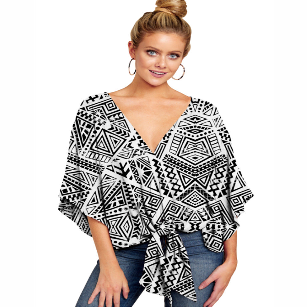 V-neck Short-sleeve Printed Loose Blouse