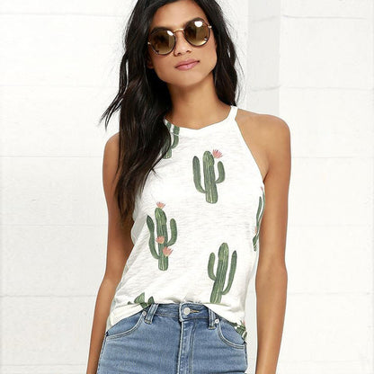 Cactus Print Sleeveless T-shirt