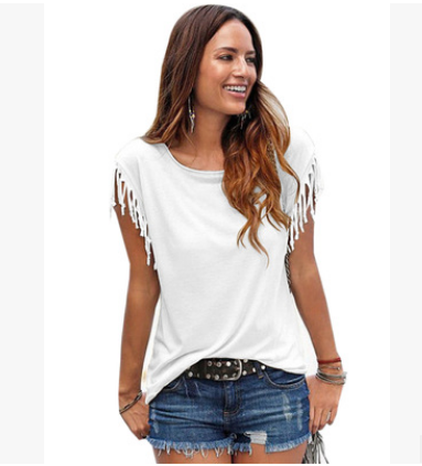 Round Neck Tassel Sleeve T-shirt