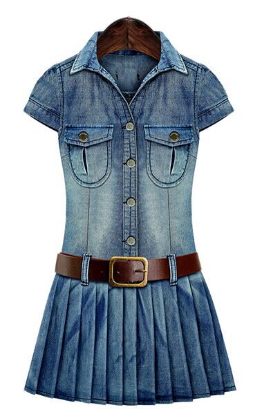 Short-sleeved Pleated Skirt Denim Dress