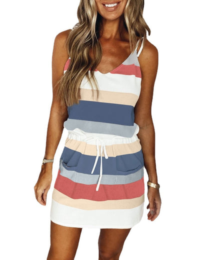 Striped Drawstring Sleeveless Summer Dress