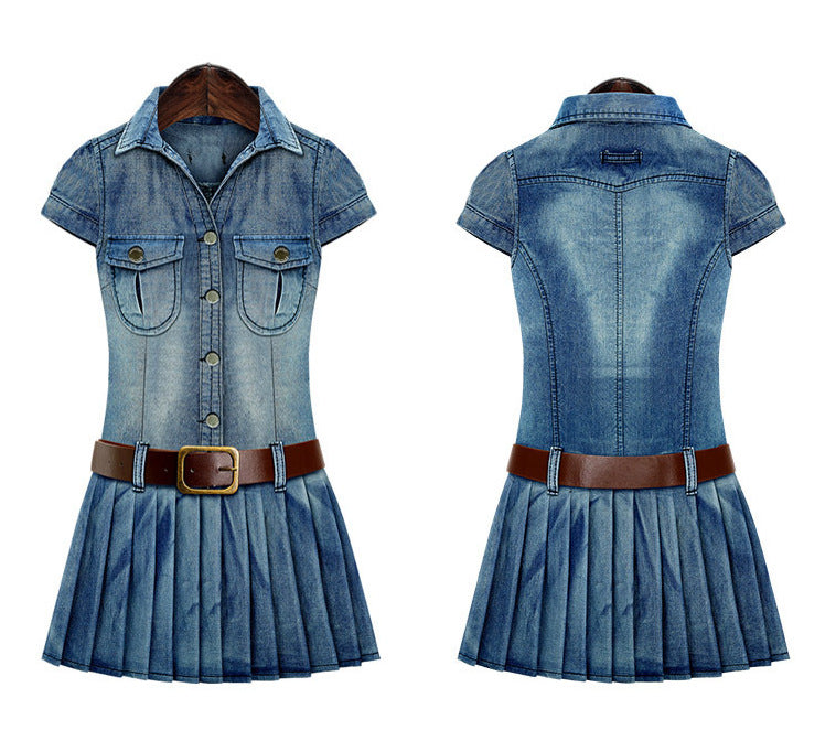 Short-sleeved Pleated Skirt Denim Dress