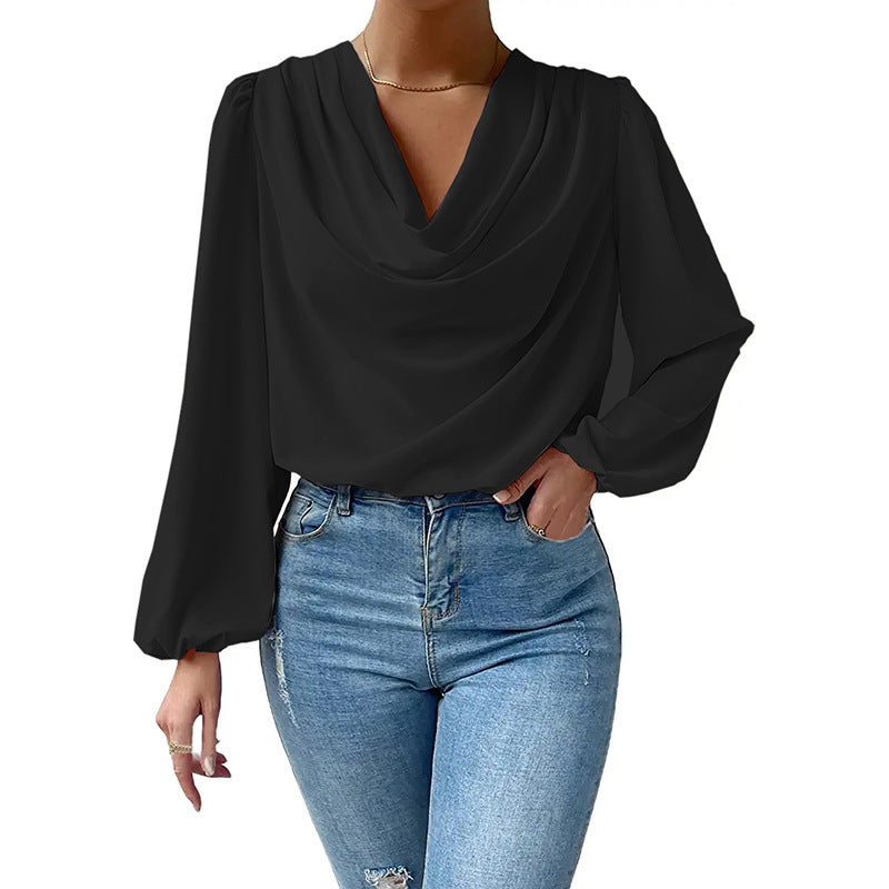 Draped Collar Long Sleeve Blouse