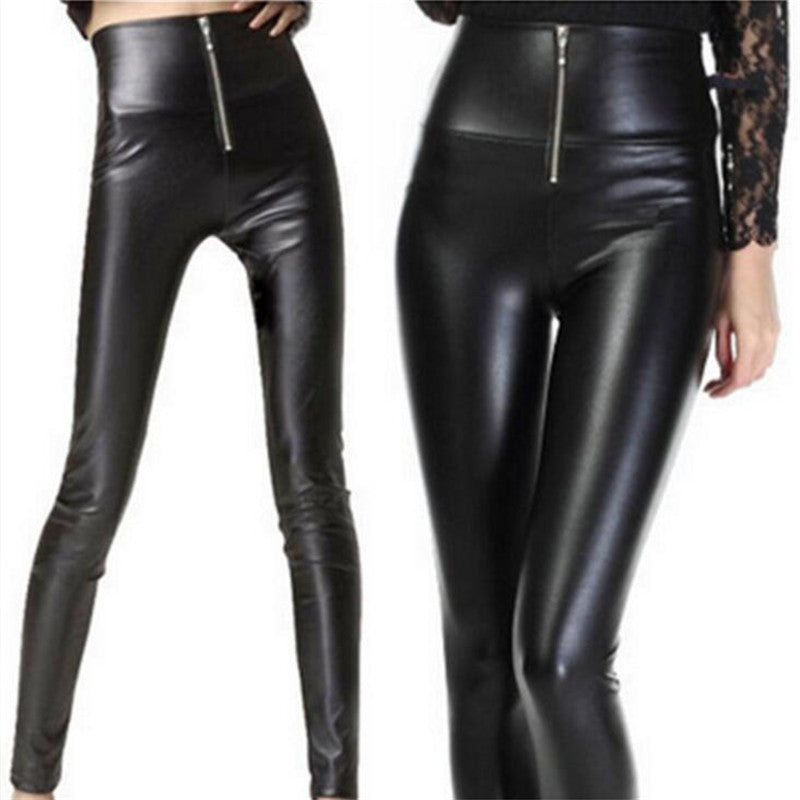 Solid Color Slim Zipper Leather Leggings