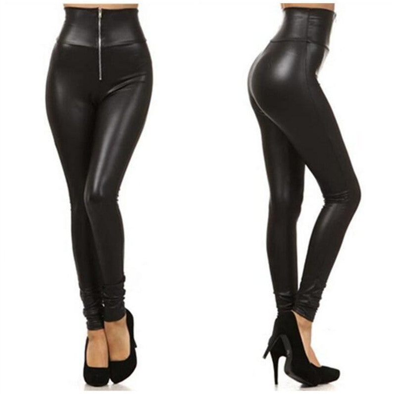 Solid Color Slim Zipper Leather Leggings