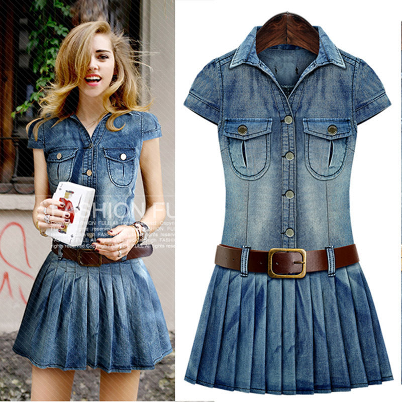 Short-sleeved Pleated Skirt Denim Dress